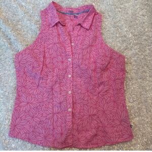 Women's Izod Pink Floral Sleeveless Blouse Cotton Button Shirt Size Large